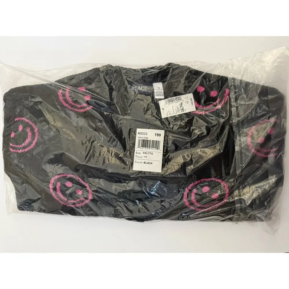 The Children’s Place Black Pink Smiley Happy Face Button Up Cardigan Size XXL 16